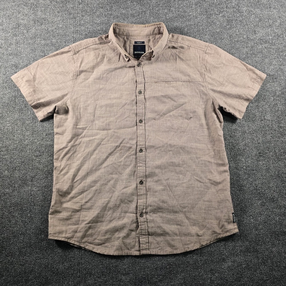 Prana Murdock Shirt Mens Large Brown Plaid Slim Fit Short Sleeve Button Up